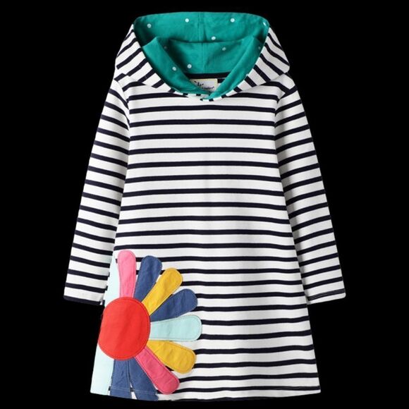 NEW Girls Long Sleeve Dress Hooded Rainbow Daisy Applique - Picture 1 of 3